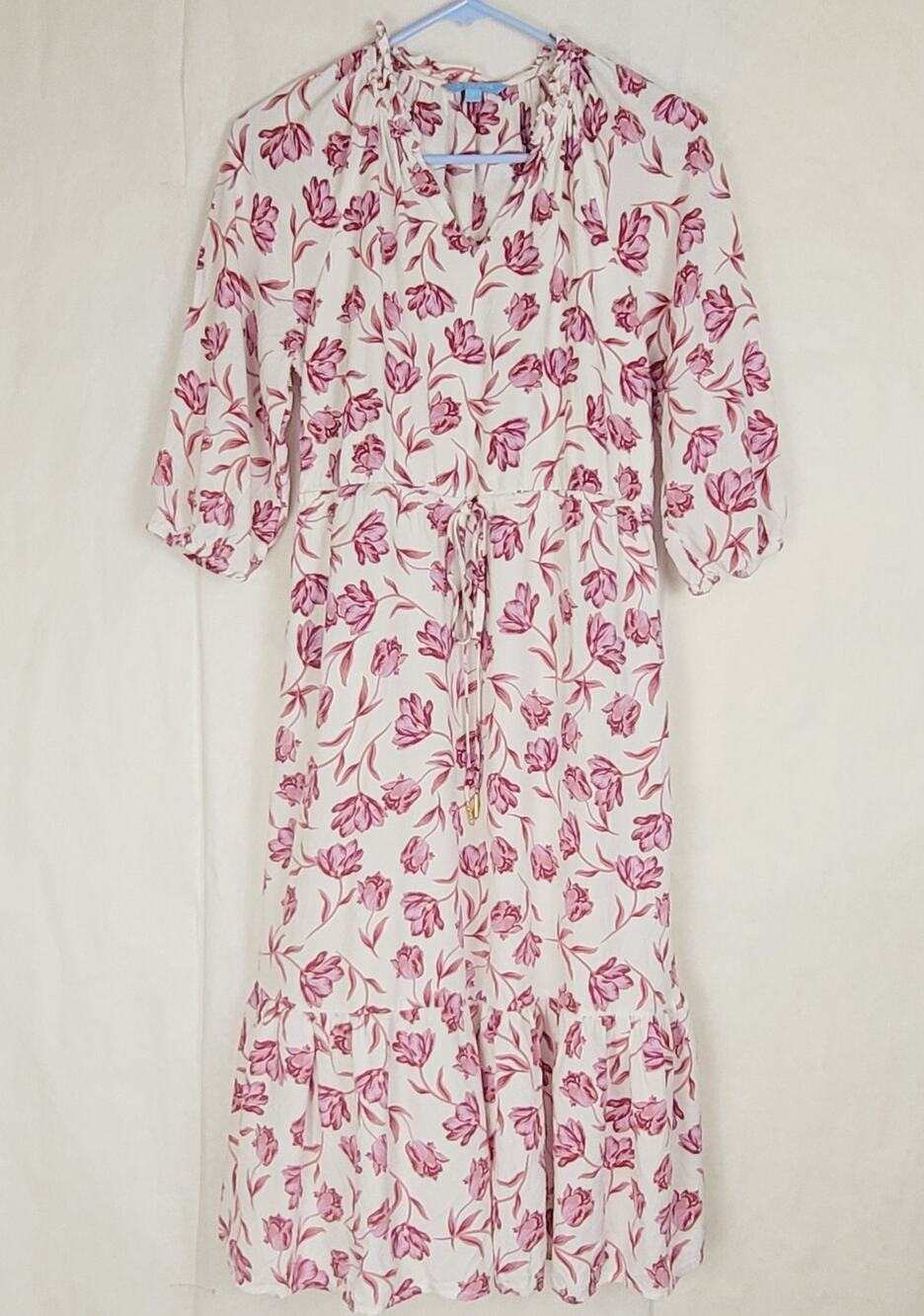Draper James pink floral tiered tie waist midi dress Size Small Boho Cottagecore